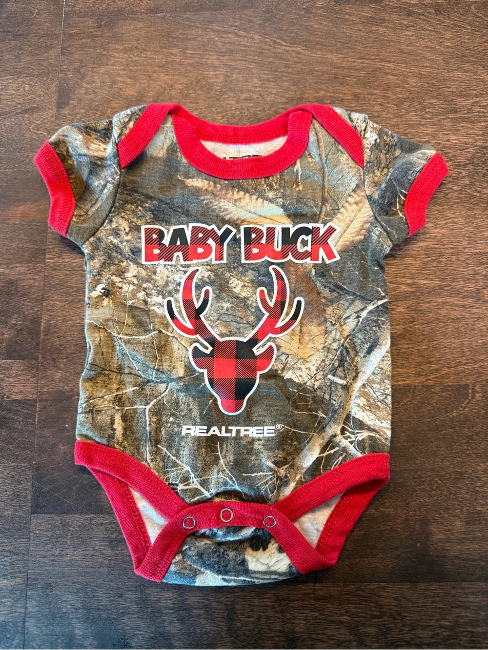 Realtree Camo Baby Buck One-Piece with Red Trim